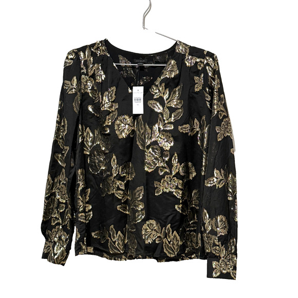 Ann Taylor Black Gold Metallic Floral Blouse Top XS NWT Shimmer V-Neck Holiday - Picture 2 of 6